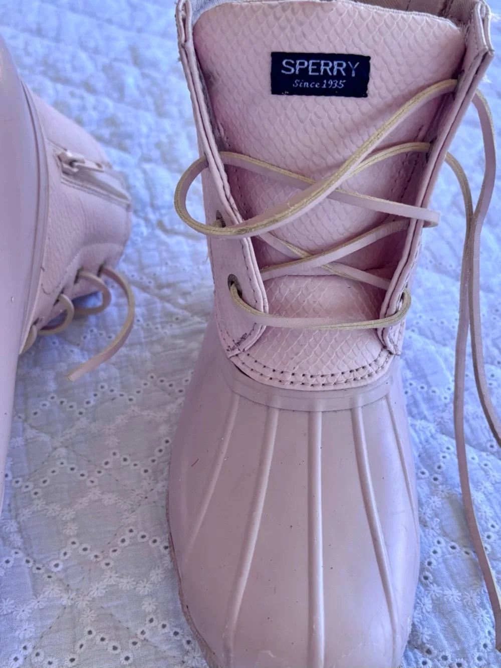 Sperry Duck Boots Girls Size 3 Pink Khaki Waterproof Lace Up Rain Boots